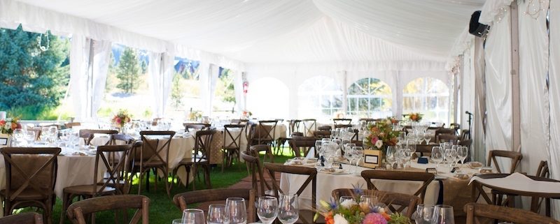 Fabric Lined Tent With X Back Chairs & Round Tables at Ski Tip Lodge, Keystone Colorado