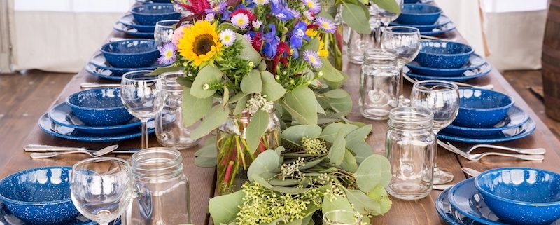 Farm Table With Western Blue China, Napa Wine Glasses & Mason Jars