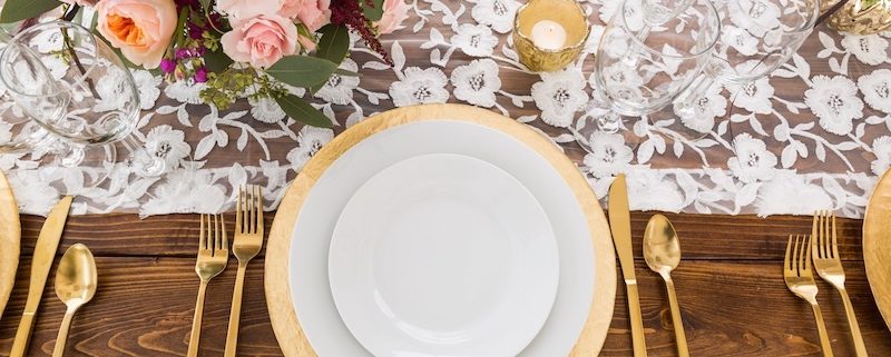 Rustic Chic Farm Table & X Back Chairs With Gold Flatware & Lace Runner