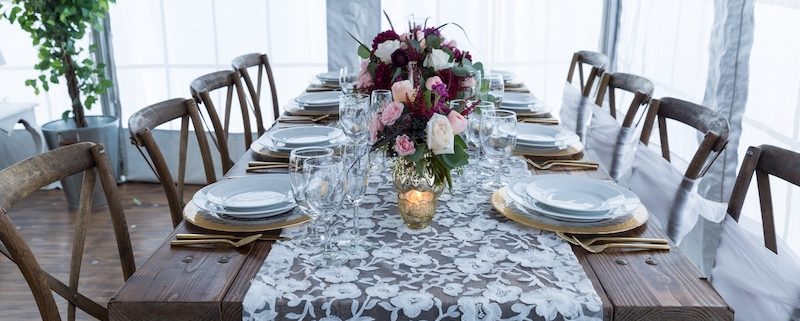 Rustic Chic Farm Table & X Back Chairs With Gold Flatware & Lace Runner