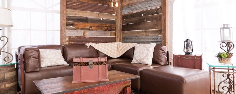 Rustic "Summit Lounge" Set With Barnwood Wall, Pecan Axis Furniture & Wooden Coffee Table