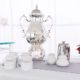 Samovar Silver Beverage Dispenser, Chrome Coffee Pourer & White China Cofee Set