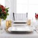 Table Setting With Square wedding plate rentals, Deco Silverware & Stemless Wine Glassware