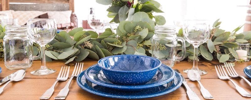 Farm Table With Western Blue China, Hammered Silverware, Napa Wine Glasses & Mason Jars