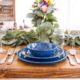 Farm Table With Western Blue China, Hammered Silverware, Napa Wine Glasses & Mason Jars