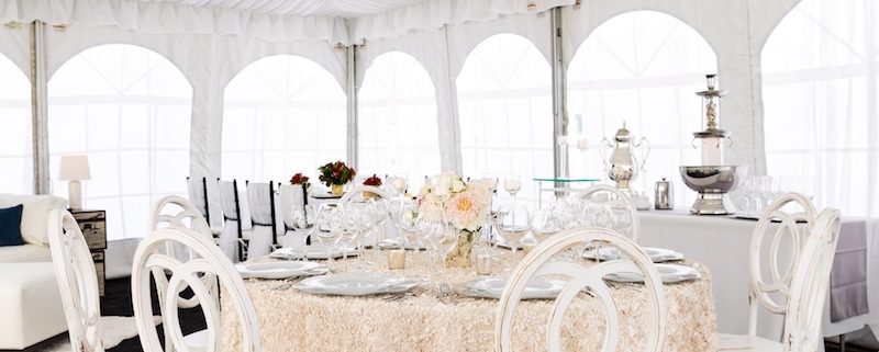 Fabric Lined Tent With White Infinity Chairs & Crystal Chandeliers