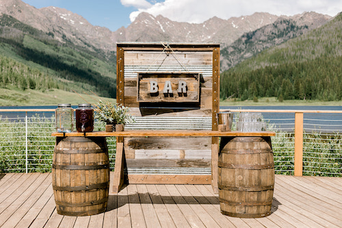 Whiskey Barrel Bar with Barnwood Decor Wall & Bar Sign